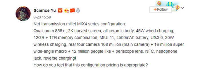 Blogger chino filtrando características del Xiaomi Mi Mix 4