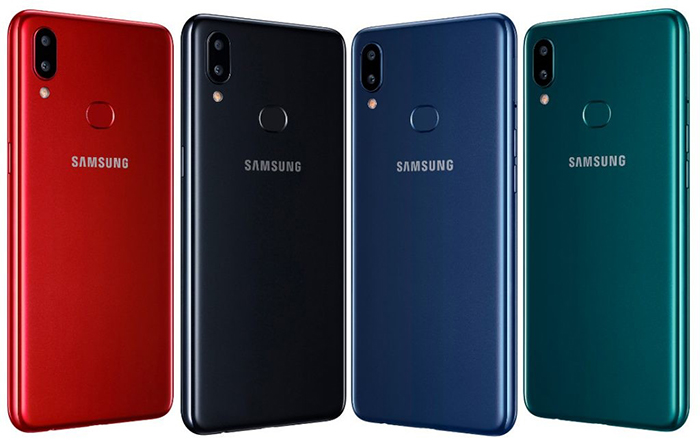 Samsung Galaxy A10s en colors negro, azul, verde y rojo