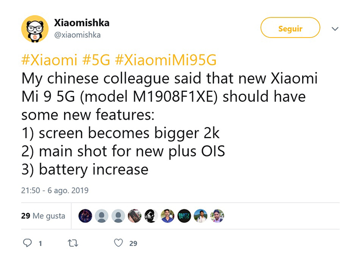 Tweet de Xiaomiskha donde habla de un nuevo móvil Xiaomi con 5G